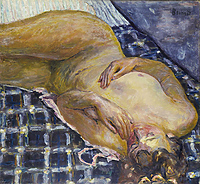 Пьер Боннар картина Лежащая обнаженная на бело-синем пледе холст 1909 года