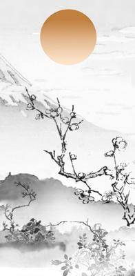 Японская классическая живопись в стиле суми-э оранжевое солнце на склоне горы Фудзияма