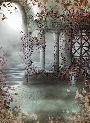 Веранда с туманом и цветами в стиле фэнтези