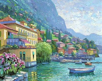 Картина Южный город море и лодка художник-импрессионист Говард Беренс